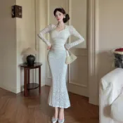 法式溫柔風魚尾裙蕾絲收腰連衣裙 洋裝 正韓 禮服 連身裙 包臀裙