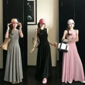 QB 長款洋裝 日常通勤裙子 素色極簡風 吊帶裙女法式氣質老錢風圓領針織背心傘擺連衣裙女夏新款超仙垂感A字長裙