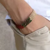 哈姆薩手皮革手鏈 綠與古銅金織線護身符