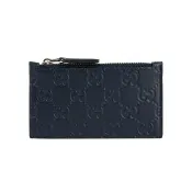 【GUCCI 古馳】GG Logo 滿版壓紋牛皮拉鍊卡夾包/零錢包(深藍色)