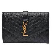【YSL】經典品牌LOGO粒紋牛皮暗釦零錢包(黑651026-BOW91-1000)