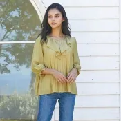 Joan 專櫃全新優雅荷葉領褶皺七分袖上衣嫩芽綠色尺寸：M