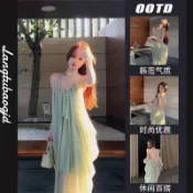 【夏季特惠】純欲性感露背掛脖吊帶洋裝女夏季度假褶皺長裙綠色寬鬆a字裙子
