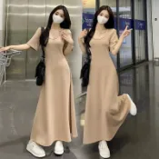 ISLAND 大尺碼洋裝 胖mm大碼100公斤方領連衣裙女收腰修身a字裙夏季大擺裙過膝休閒長裙