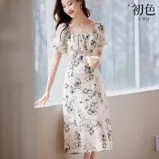 初色 復古風旗袍式顯瘦收腰碎花泡泡袖方領開衩連衣裙連身洋裝長洋裝-花色-34995(M-2XL可選)