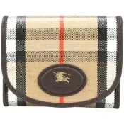 BURBERRY 巴寶莉 Highlands 棉麻混紡格紋帆布戰馬徽標小牛皮三折短夾(沙色)