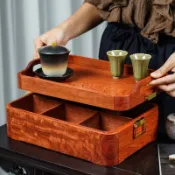 知木屋 限時下殺 免運/可開票 緬甸花梨木果盤雙層紅木托盤茶盤長方形新中式實木干果茶具收納盒