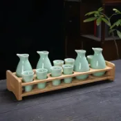 全球選品1館 生活百貨 中式青瓷酒具分酒器陶瓷酒壺小酒盅一口杯子彈杯白酒杯套裝帶託盤
