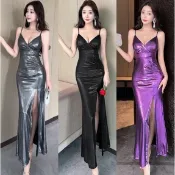 夜場性感低胸閃光麵料弔帶連衣裙修身高開叉露背氣質晚禮服裙 洋裝 正韓 禮服 連身裙 包臀裙