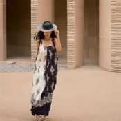 民族風洋裝 波西米亞洋裝 渡假風女裝 沙灘裝 大尺碼洋裝 連衣長裙 波西米亞印花長裙黑白拼接撞色復古花紋不規則度假連衣裙