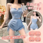 【臺灣出貨】休閒套裝女露背弔帶背心上衣+高腰抽繩短褲子兩件套法式修身顯瘦洋裝 性感連身裙 辣妹短裙 休閒聚會生日派對禮服