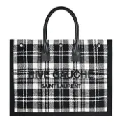 YSL 聖羅蘭 SAINT LAURENT 羊毛蘇格蘭紋縫線LOGO大購物包(黑白)