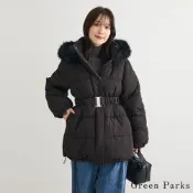 〚Green Parks〛蓬鬆纖維羽絨腰帶抽繩連帽大衣