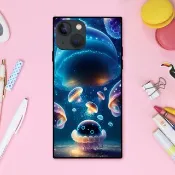 於宇宙般的深海中游動，奇幻夢幻可愛，閃耀霓虹光芒的水母 方形手機殼【強化玻璃處理】適用於 iPhone16