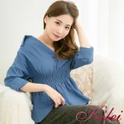 【Kilei】女裝 女生衣著 肩帶襯衫領露肩反折袖口上衣XA3918(知性藍)全尺碼