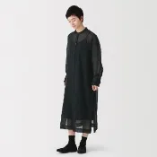 【MUJI 無印良品】女強撚透膚長袖襯衫式洋裝(灰白/黑色/灰格紋)