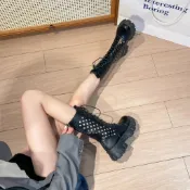 【韓貨✨免運】網靴女 真軟皮厚底馬丁靴 大碼新品夏季新款網靴 格鏤空靴子 女士中筒靴 薄款女網靴 鏤空靴真皮筒靴復古女靴