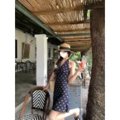 【Yvette】復古印花洋裝裙 女款長裙 掛脖露背 收腰設計 度假風穿搭
