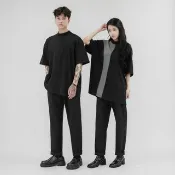 MUKK DESIGN 拷克線異材質弧形剪裁T-黑