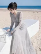 【春夏新款】法式簡約 氣質大方 海邊度假 淺灰色 雪紡圓領 連身裙 度假風洋裝 氣質洋裝 法式洋裝 渡假洋裝 渡假風洋裝