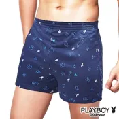 男內褲 PLAYBOY 棉質兔頭空心字母印花彈性四角褲-單件(丈青)