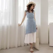 【OB 嚴選】假兩件直條紋拼接寬肩帶長洋裝附綁帶 《DA10778》 適 2L~5L