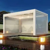 【戶外庭院 齣口品質】戶外百葉翻轉電動涼亭子鋁閤金中式室外遮陽雨棚別墅庭院露天花園亭子 戶外庭院 桌椅組閤 戶外帳篷