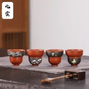 【化雲】宜興原礦紫砂主人杯對杯情侶杯夫妻杯精品泥繪聞香杯品茗杯茶具