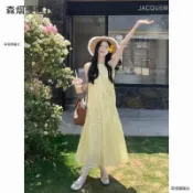 【森熠】女生大碼寬鬆無袖長洋裝 大裙擺長裙 格子連衣裙 海灘洋裝 黃色連衣裙 韓版度假風寬鬆休閒長裙 a字裙 背心裙