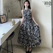 初色 法式油畫印花腰帶圓領無袖背心大擺裙中長裙連衣裙連身洋裝長裙-藏青色-50840(M-XL可選)