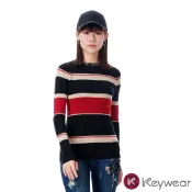 【KeyWear 奇威名品】質感配色英文標語長袖針織上衣 黑色