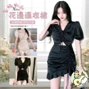 (店+)小蘭優購 韓系女生裙 包臀連衣裙 韓國熱銷ins 吸睛復古 火辣曲線顯胸 包臀性感 V領排釦短袖 連身裙洋裝