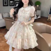A字蓬蓬洋裝 A-line洋裝 A字大擺洋裝 少女蓬蓬連身裙 甜美溫柔風娃娃領碎花連衣裙女夏季精緻蓬蓬裙收腰小個子短裙