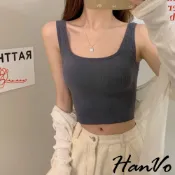 【HanVo】大方領低胸短版針織背心 百搭彈性 附可拆式胸墊 居家瑜珈健身跑步運動抹胸內衣 女生衣著 A09-5037
