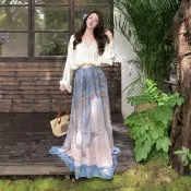 波西米亞旅行度假時尚套裝女裝寬鬆V領蕾絲拼接長袖襯衫+高腰印花雪紡中長款A字半身裙兩件套