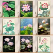 [PL]花朵蓮花鑽石畫全鑽圓形鑽石蓮花鑽石刺繡水鑽馬賽克十字繡家居裝飾花卉圖片 30x40cm