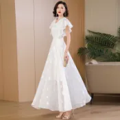 2026夏季新款白色提花雪紡洋裝時尚簡約高貴長款荷葉袖大擺裙女