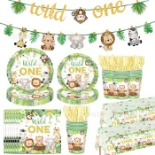 👍Belle's mall👍夏威夷wildone叢林動物獵遊生日派對餐具一次性紙盤紙巾紙杯套裝