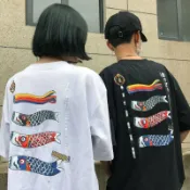 FINDSENSE服飾 FINDSENSE MD 日系 潮 街頭 男女 情侶裝 寬鬆五分袖 鯉魚旗幟印花 短袖T恤 特色短T