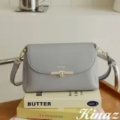 KINAZ 三層澎澎柔軟皮革精緻轉釦掀蓋斜背包-淡椒鹽-澳式丹波麵包系列
