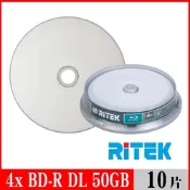 RITEK錸德 4x BD-R DL 50GB 藍光片 珍珠白滿版可列印/10片布丁桶裝