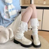 蕾絲花邊襪套 針織襪 白色純欲襪套 可愛辣妹蝴蝶結堆堆襪 甜美日係少女小腿襪 薄款顯瘦腿套 Lolita襪子中筒