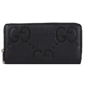 【GUCCI 古馳】Jumbo GG 經典雙G皮革壓紋拉鍊發財零錢長夾(黑)