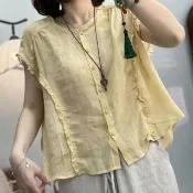 【LANNI 藍尼】★輕透荷葉邊棉麻感襯衫(女裝/女上衣/休閒/優雅/日系/通勤)