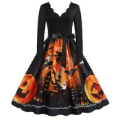 萬聖節女裝 大擺裙洋裝 赫本風洋裝 新款氣質休閒修身定位南瓜印花大擺連身裙