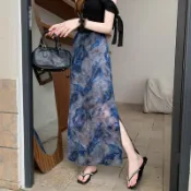 【台灣出貨女裝】灰藍色半身裙 高腰顯瘦長裙 百搭洋氣飄逸感魚尾裙 通勤A字半身裙 重工暈染裙子 復古藝術感傘裙