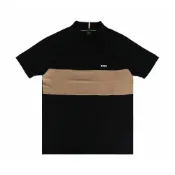 BOSS 棉混紡印花白字LOGO立領拉鍊設計拼接插肩袖Polo衫(男款/黑x咖)