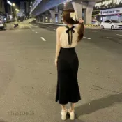  被問爆了的 網紅法式名媛無袖掛脖綁帶上衣+高腰包臀魚尾裙半身裙兩件套  炸街 A 0321