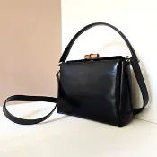 中古二手GUCCI黑色竹節皮革古董盒子單肩包 側背包 斜背包 復古包