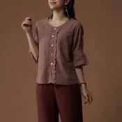 【古典美】23015 刺繡荷葉袖上衣(茶禪服/中國風/國服/漢服/手染服/棉麻/亞麻/天然纖維)